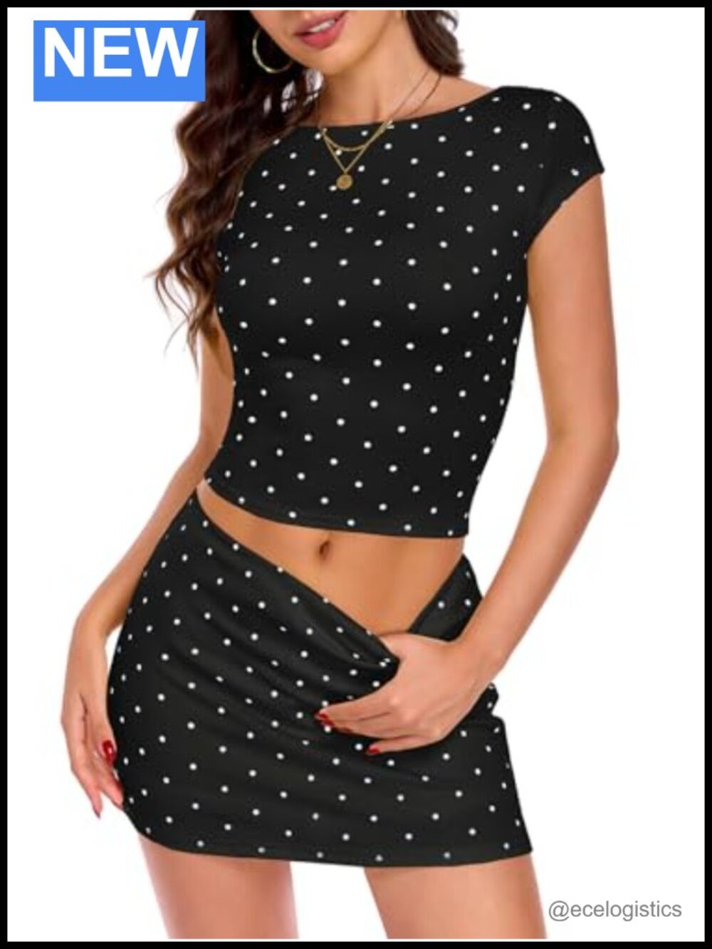Women's 2 Piece Polka Dot Skirt Set Mini Skort Matching Outfit